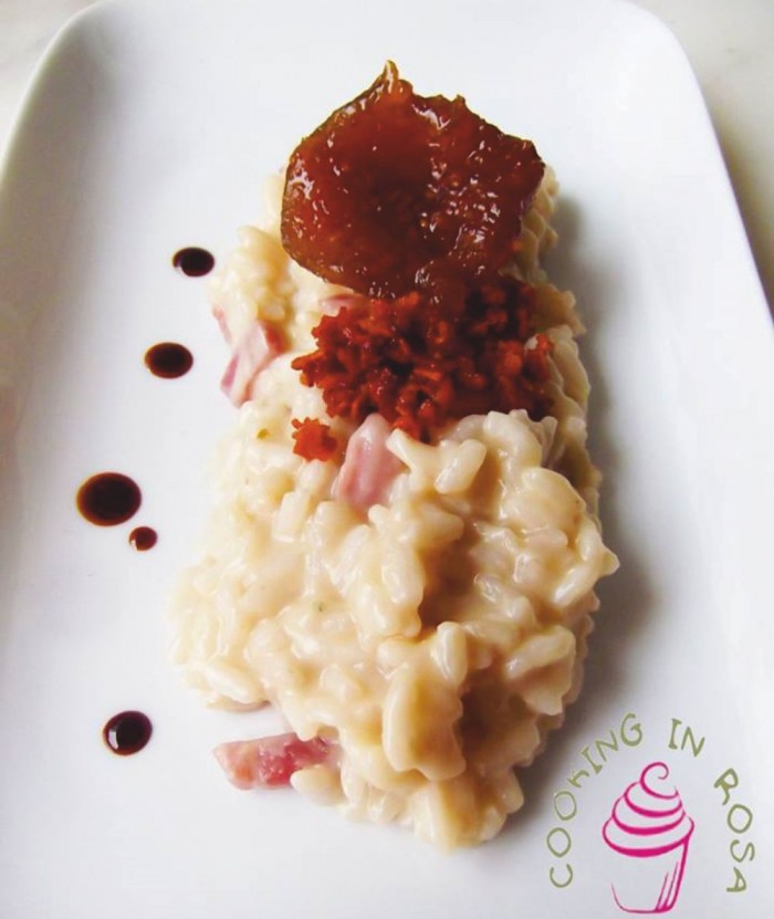 Risotto al caprino e gorgonzola con speck,  Ficotto e Fichi rosa di Pisticci caramellati